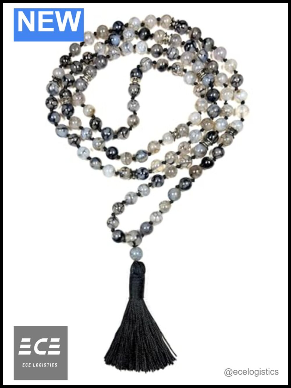 Dragon Vein Agate Mala Necklace 8mm 108 Beads Hand-Knotted Meditation